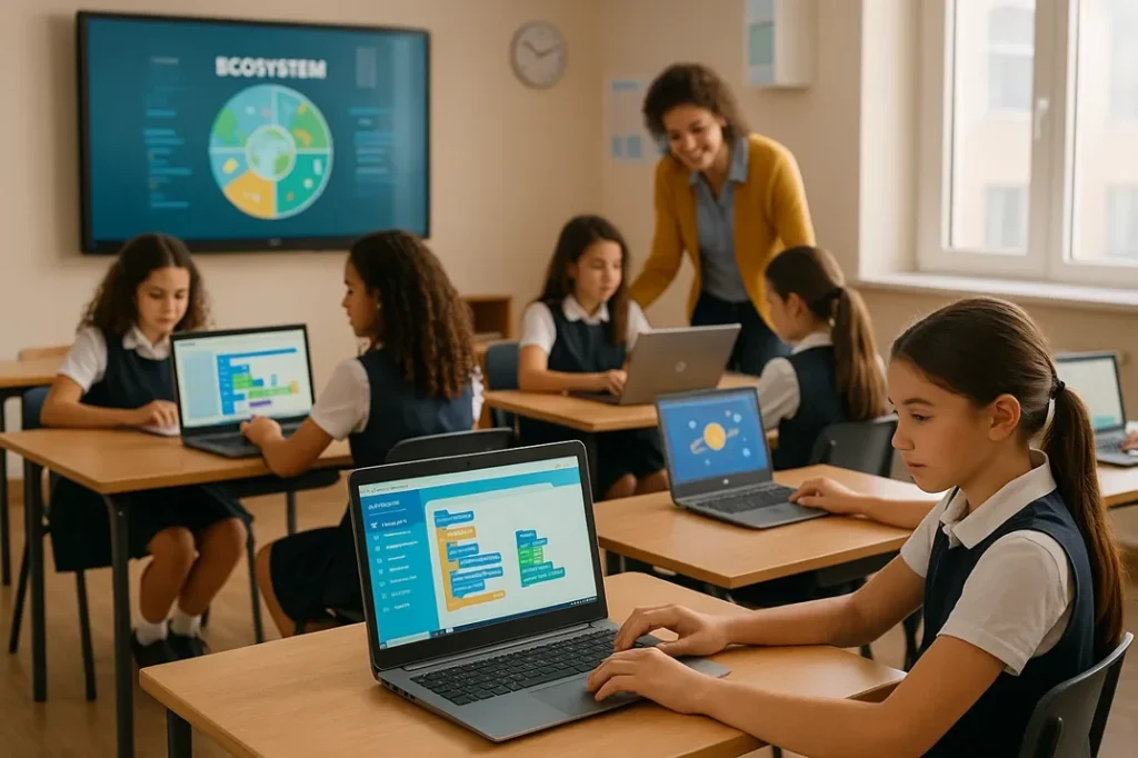 Schoolgirls using computers in a classroom setting reflecting the digital education integration 