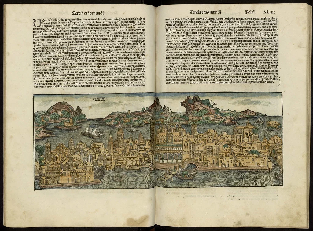 Woodcut illustration of the historical city of Venice in an early printed book exemplifying the era of the printing press and the origins of copyright privileges