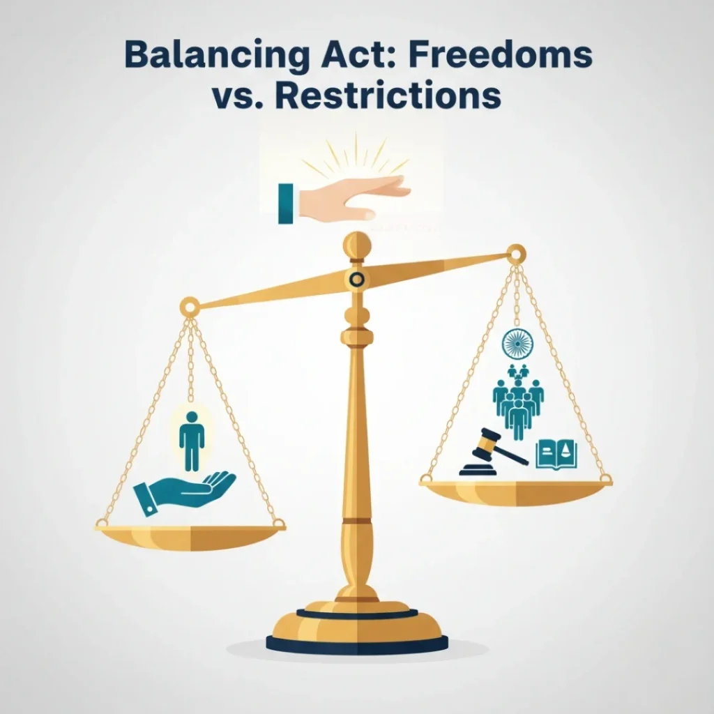 A professional and clear illustration of a classic weighing scale in perfect balance. On one pan, a stylized representation of 'Individual Freedoms' (e.g., an open hand or a single figure). On the other pan, symbols representing 'Societal Responsibilities' or 'Public Interest' (e.g., a group of people, a national emblem, or a symbol for law and order). Article 19