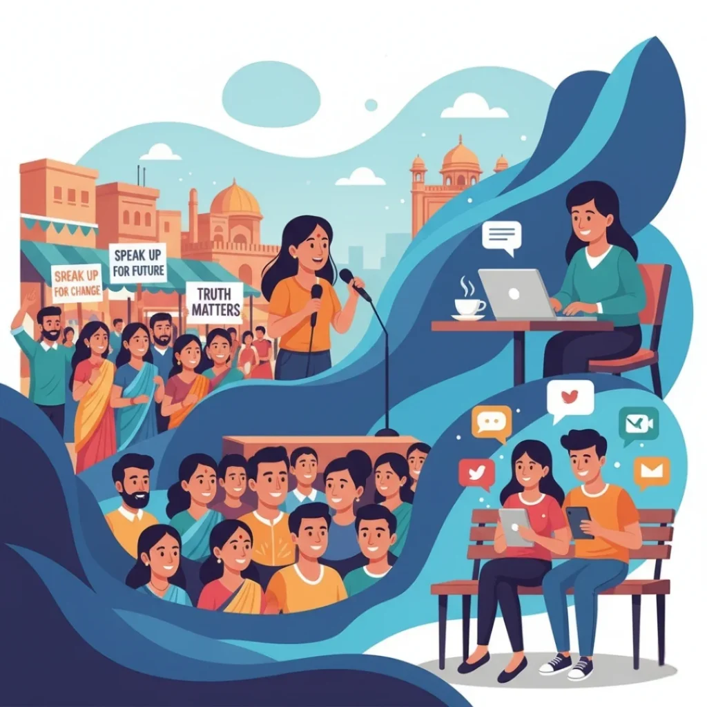 a person speaking passionately at a public forum, a group holding peaceful protest signs (with generic, positive messages), a journalist writing, Depicting article 19