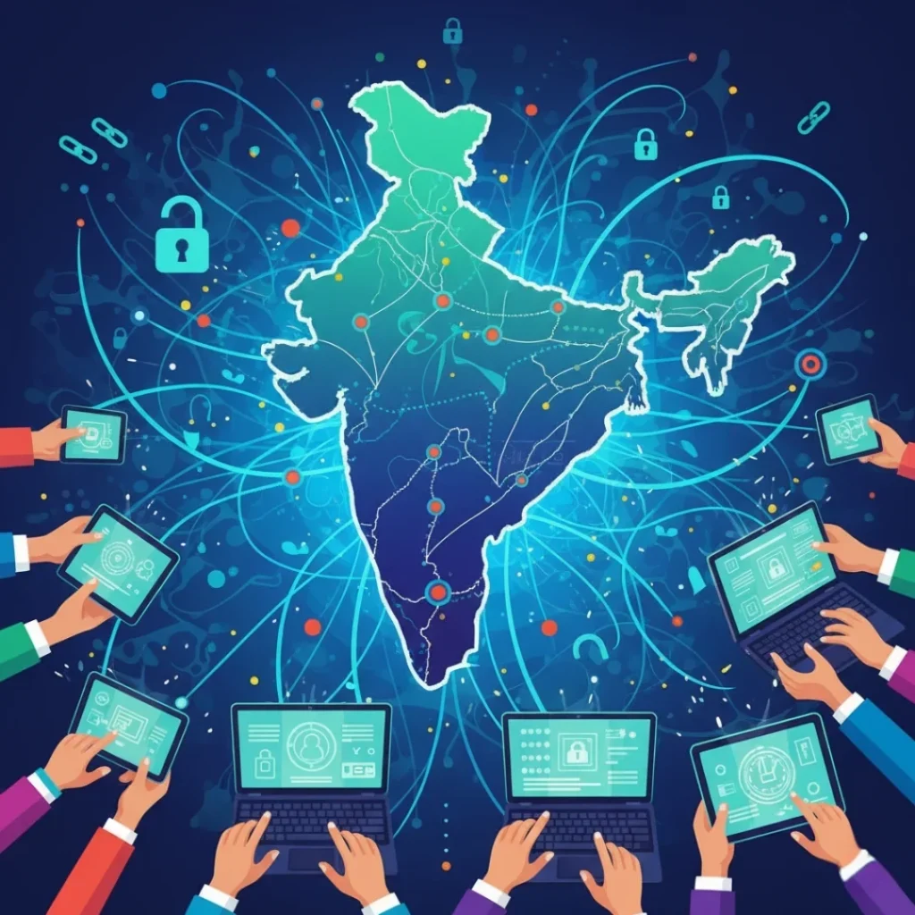 Article 19 , "An illustration symbolizing digital rights and internet access as a fundamental freedom. A vibrant, interconnected global network or a stylized map of India with digital lines emanating from it, accessed by various hands holding smartphones, laptops, and tablets