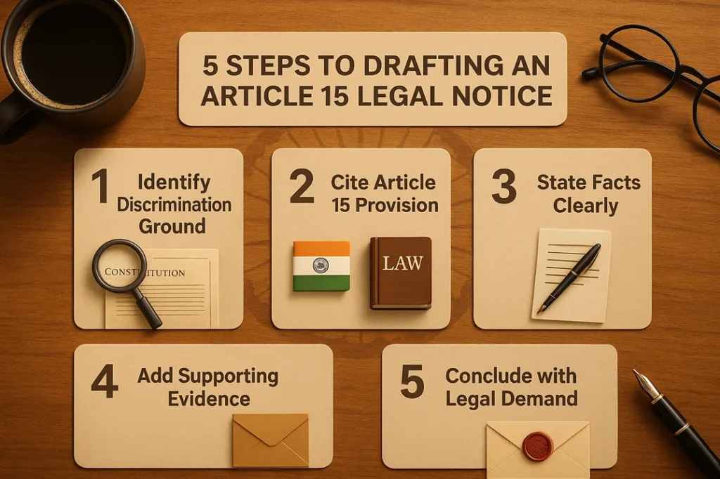 Infographic explaining Article 15 legal notice template drafting in simple steps