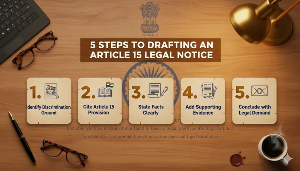 Infographic explaining Article 15 legal notice template drafting in simple steps