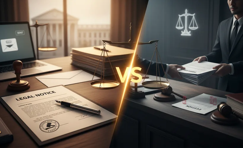Legal Notice vs Direct Court Filing” — alt text: “Comparison chart on Article 15 legal notice vs litigation approach.