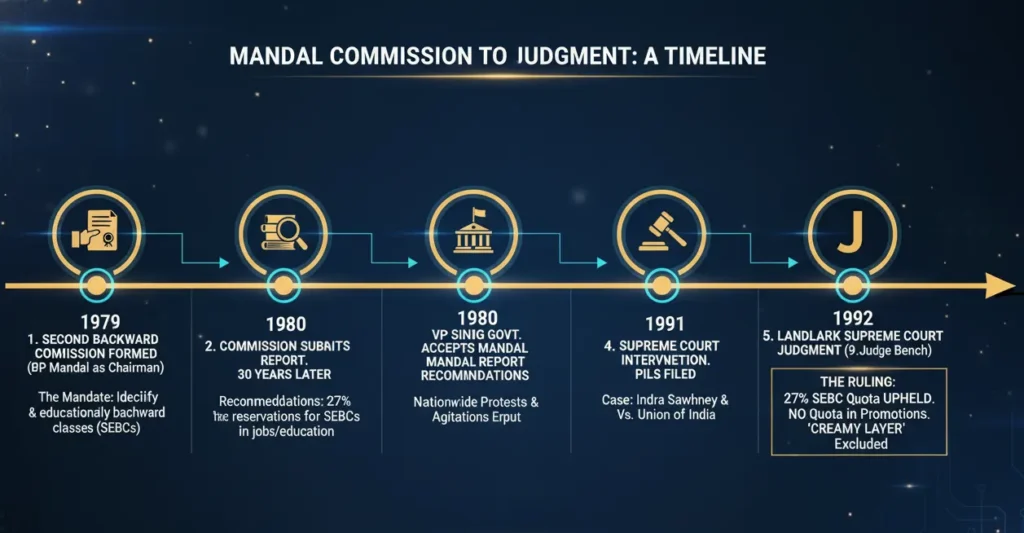 Infographic explaining Mandal case steps from Commission to judgment.